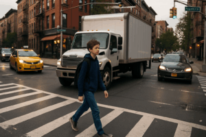 Boy Crossing Street in Brooklyn