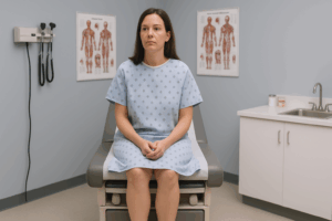 woman waiting in examination room