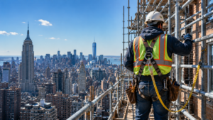 Construction worker on high-rise scaffolding